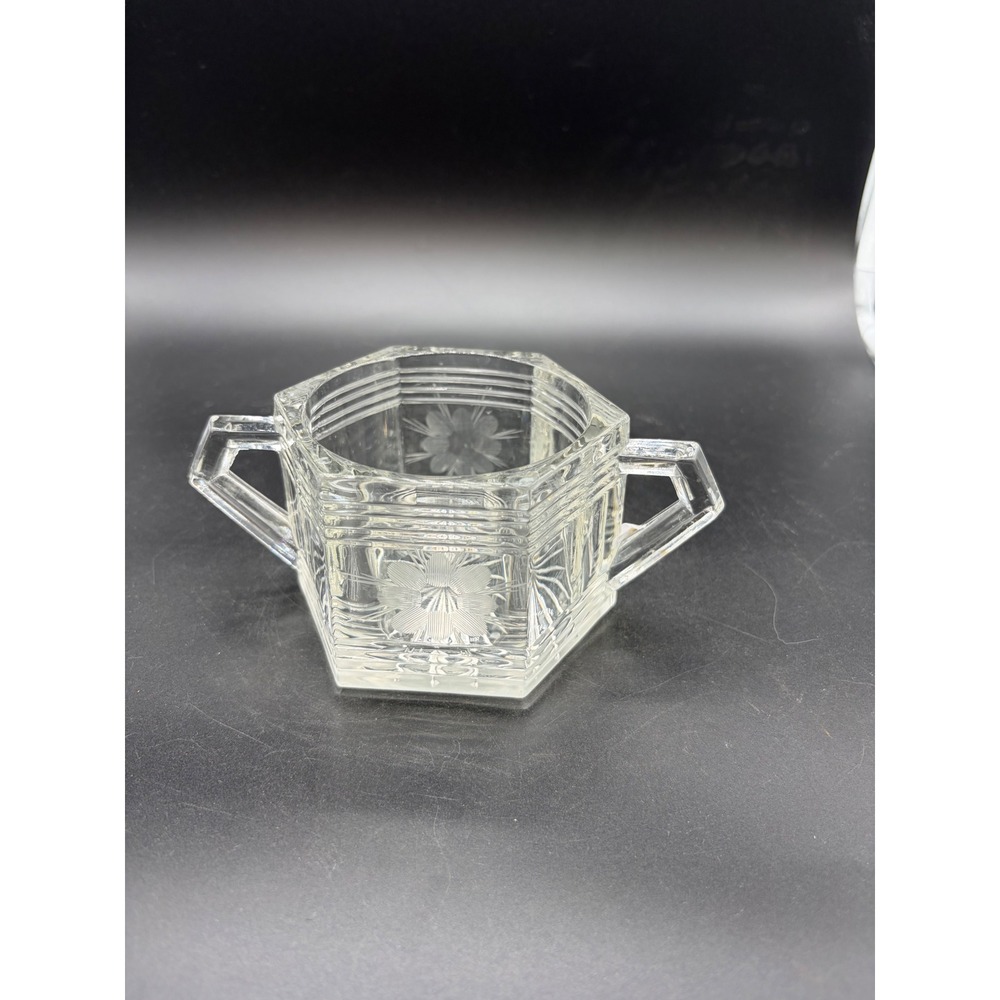 Vtg Art Deco Heisey Hexagon Pressed Glass Open Sugar Bowl Quator Daisy Etching